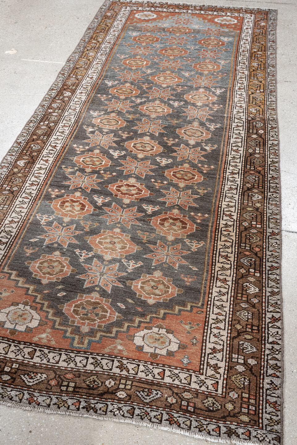 3' x 8' one-of-a-kind handmade antique Hamadan runner rug. Color palette: charcoal, terracotta, ivory, taupe, brown, slate