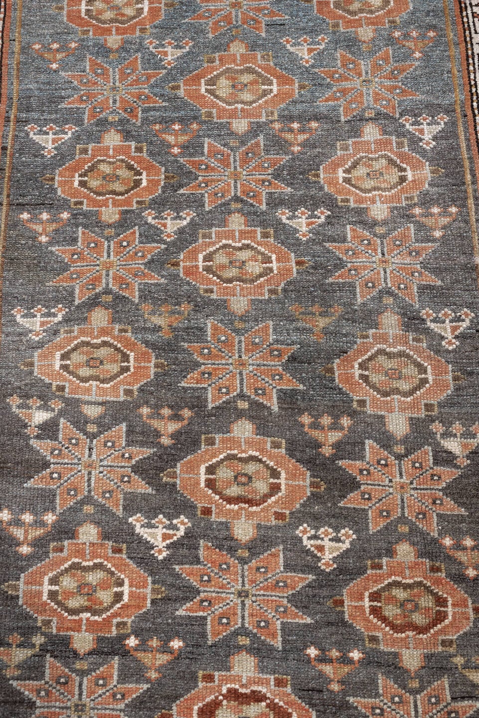 3' x 8' one-of-a-kind handmade antique Hamadan runner rug. Color palette: charcoal, terracotta, ivory, taupe, brown, slate