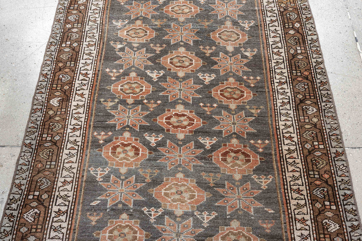 3' x 8' one-of-a-kind handmade antique Hamadan runner rug. Color palette: charcoal, terracotta, ivory, taupe, brown, slate