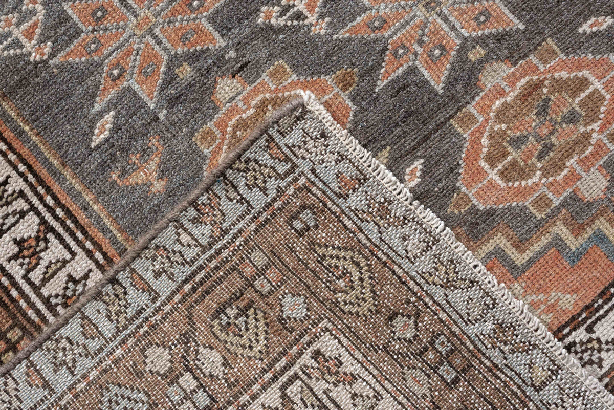 3' x 8' one-of-a-kind handmade antique Hamadan runner rug. Color palette: charcoal, terracotta, ivory, taupe, brown, slate