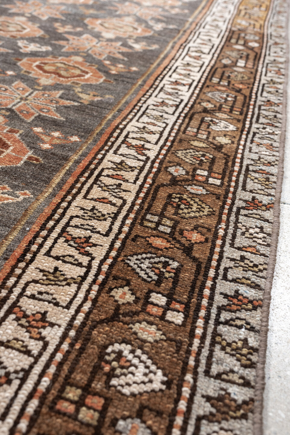 3' x 8' one-of-a-kind handmade antique Hamadan runner rug. Color palette: charcoal, terracotta, ivory, taupe, brown, slate