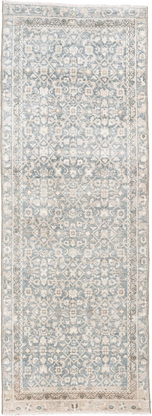 3' x 8' one-of-a-kind handmade antique Hamadan runner rug. Color palette: blue gray, ivory, cream, taupe, charcoal, beige