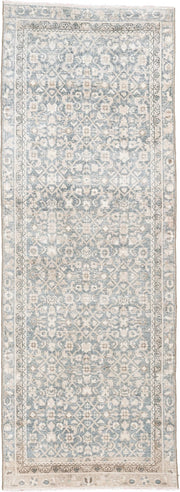3' x 8' one-of-a-kind handmade antique Hamadan runner rug. Color palette: blue gray, ivory, cream, taupe, charcoal, beige