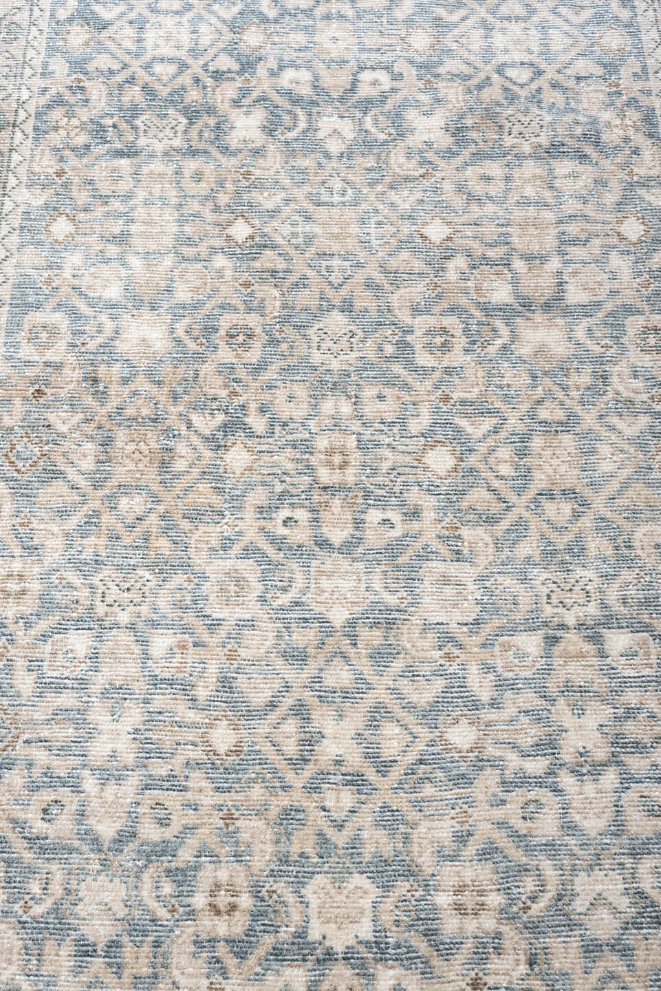 3' x 8' one-of-a-kind handmade antique Hamadan runner rug. Color palette: blue gray, ivory, cream, taupe, charcoal, beige