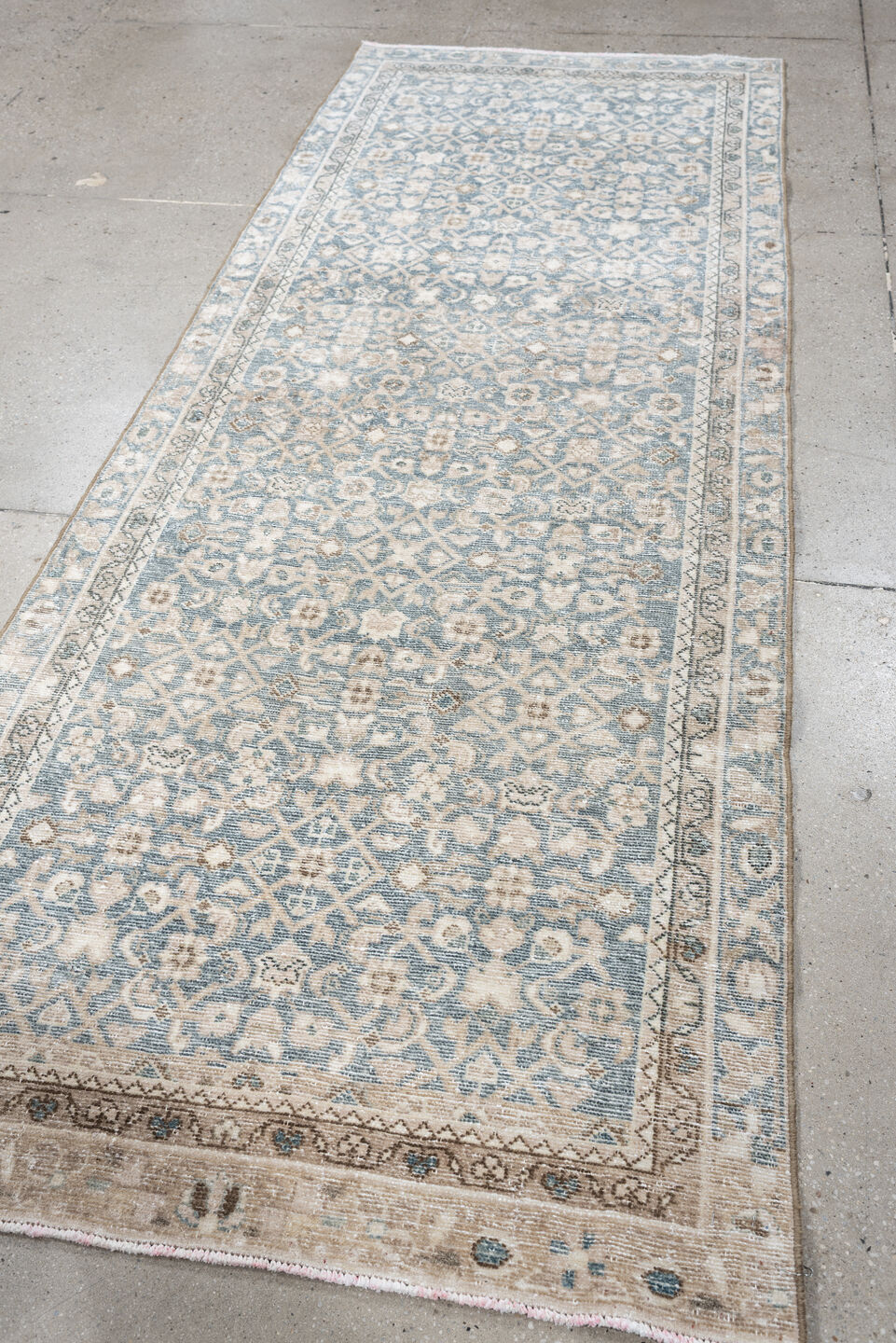 3' x 8' one-of-a-kind handmade antique Hamadan runner rug. Color palette: blue gray, ivory, cream, taupe, charcoal, beige
