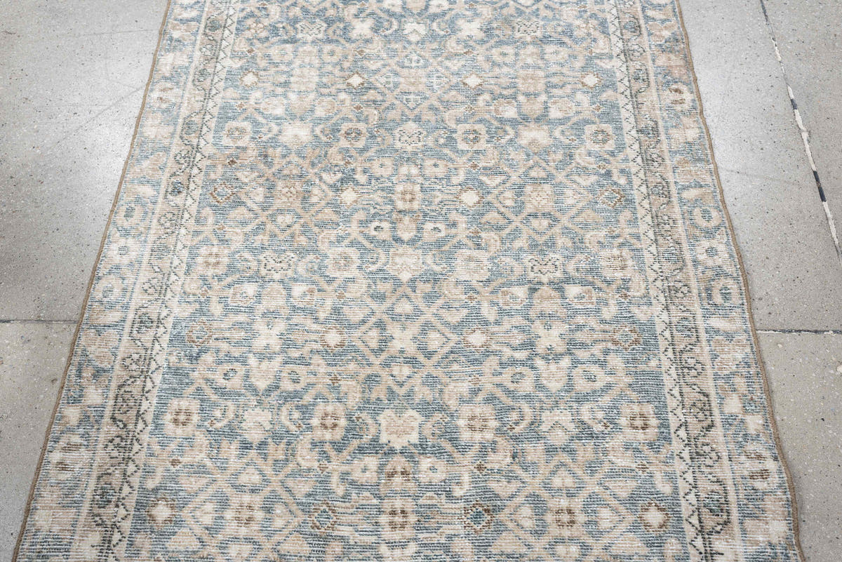 3' x 8' one-of-a-kind handmade antique Hamadan runner rug. Color palette: blue gray, ivory, cream, taupe, charcoal, beige