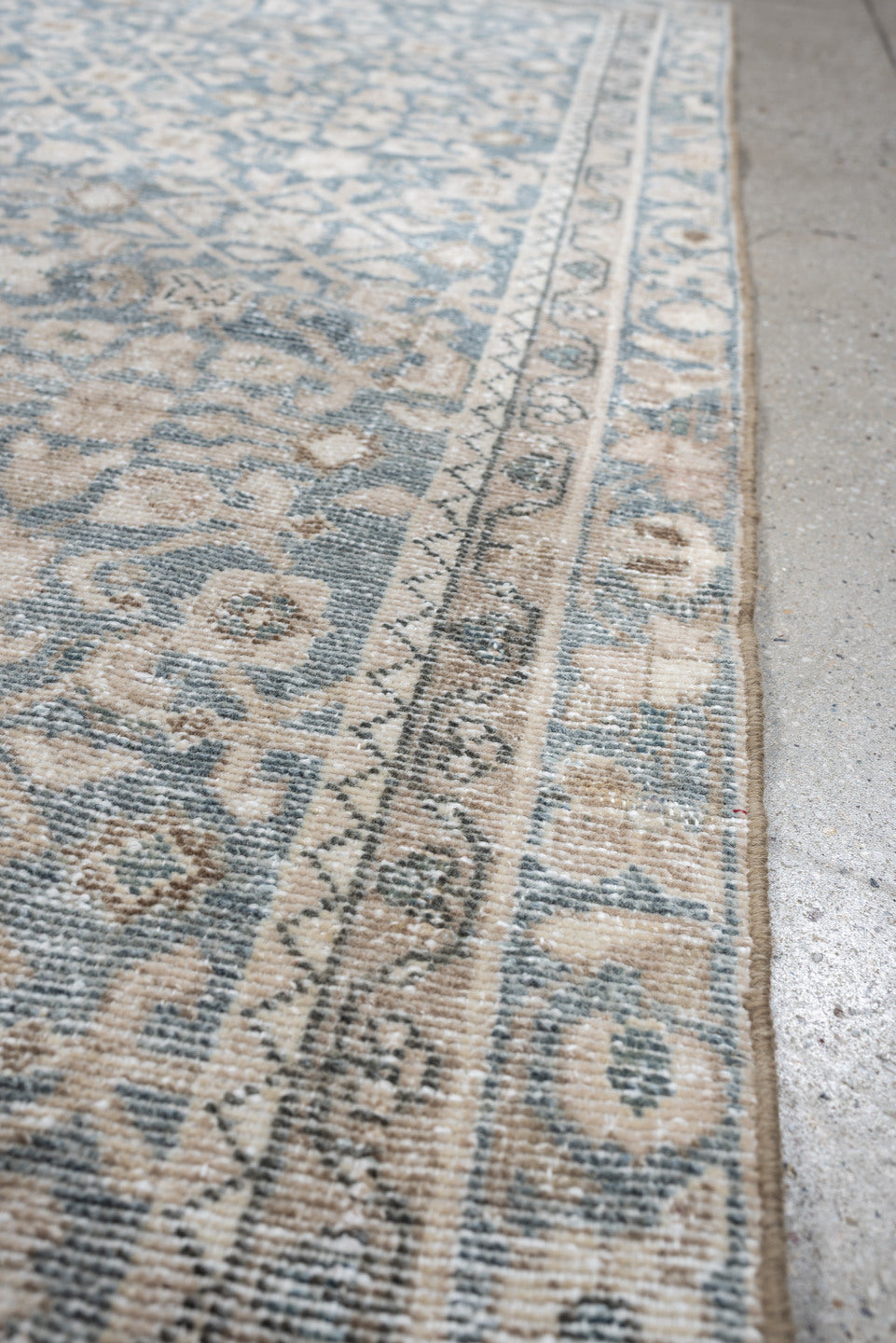 3' x 8' one-of-a-kind handmade antique Hamadan runner rug. Color palette: blue gray, ivory, cream, taupe, charcoal, beige