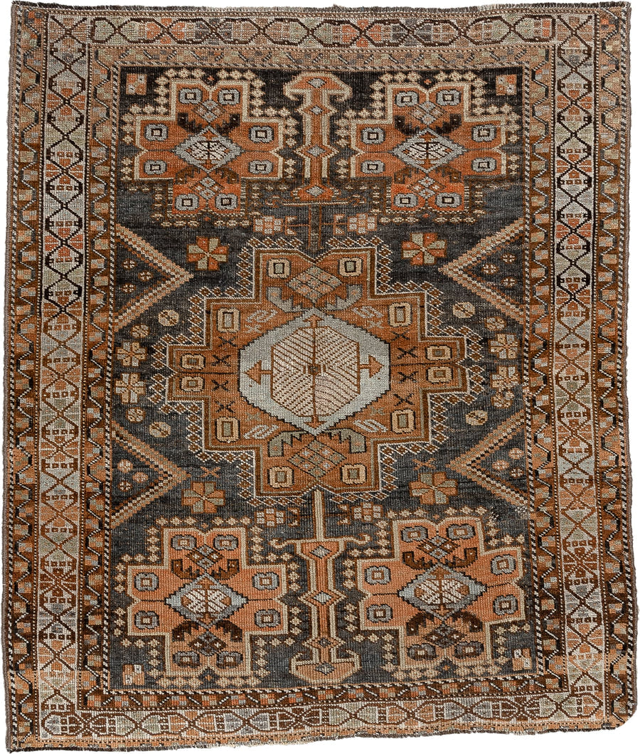 3' x 4' one-of-a-kind handmade antique Shiraz small size rug. Color palette: charcoal, rust, ivory, camel, taupe, slate