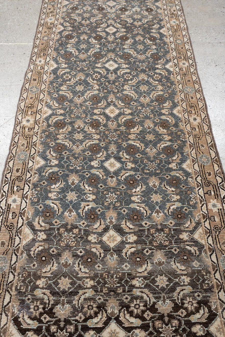 2' x 11' one-of-a-kind handmade antique Malayer runner rug. Color palette: blue gray, ivory, taupe, charcoal, camel, brown