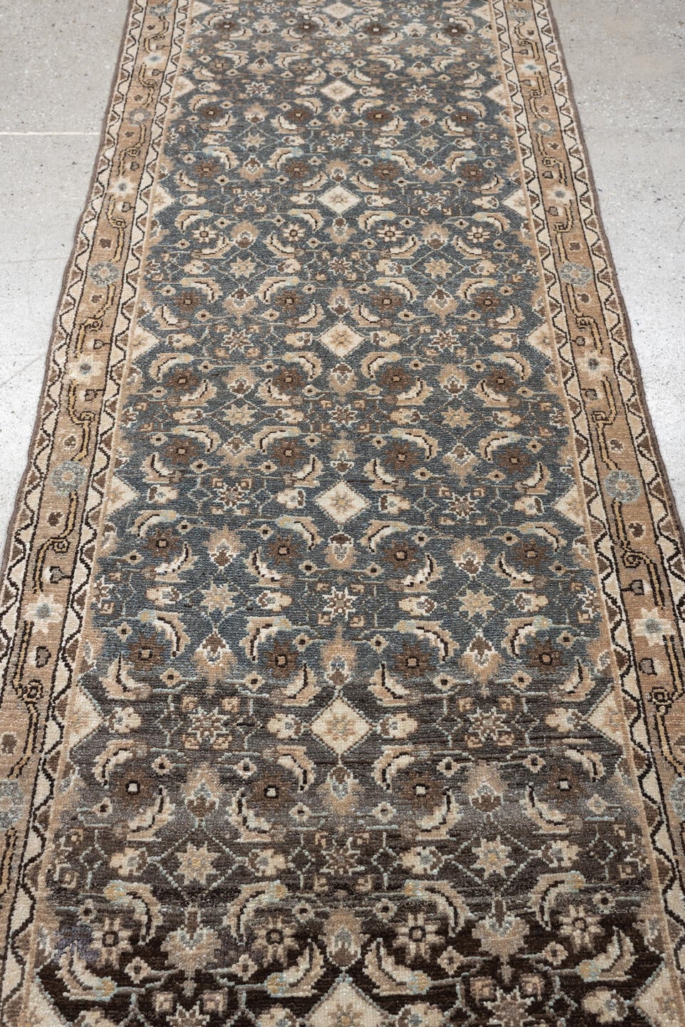 2' x 11' one-of-a-kind handmade antique Malayer runner rug. Color palette: blue gray, ivory, taupe, charcoal, camel, brown