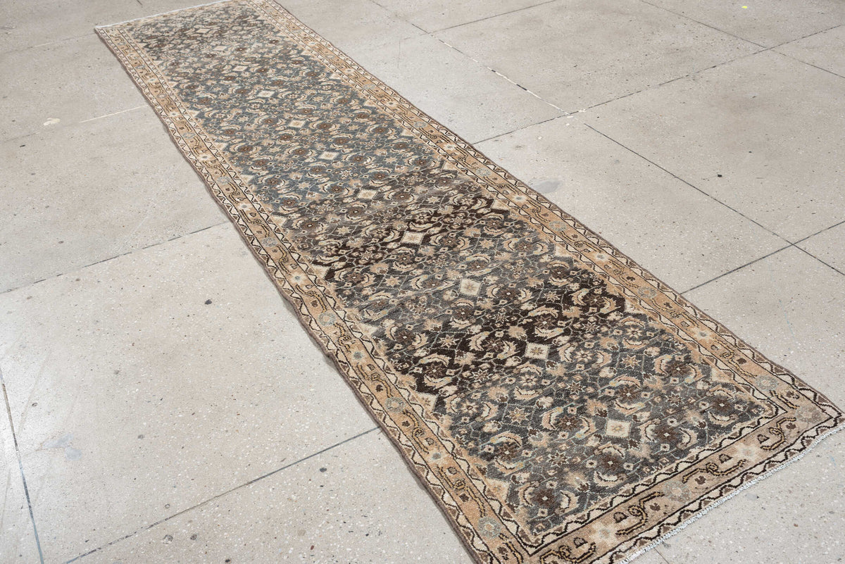 2' x 11' one-of-a-kind handmade antique Malayer runner rug. Color palette: blue gray, ivory, taupe, charcoal, camel, brown