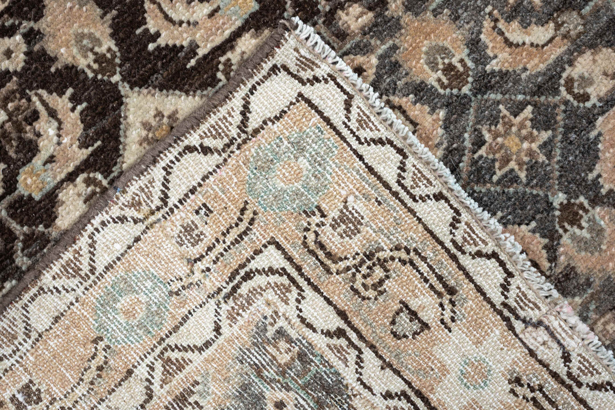 2' x 11' one-of-a-kind handmade antique Malayer runner rug. Color palette: blue gray, ivory, taupe, charcoal, camel, brown