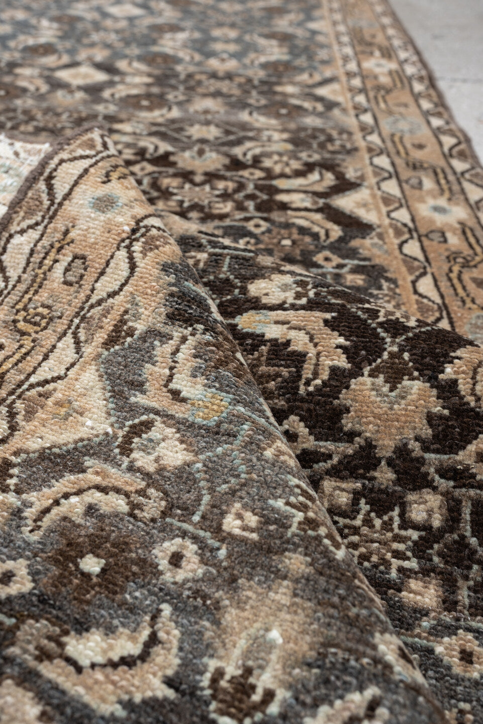 2' x 11' one-of-a-kind handmade antique Malayer runner rug. Color palette: blue gray, ivory, taupe, charcoal, camel, brown