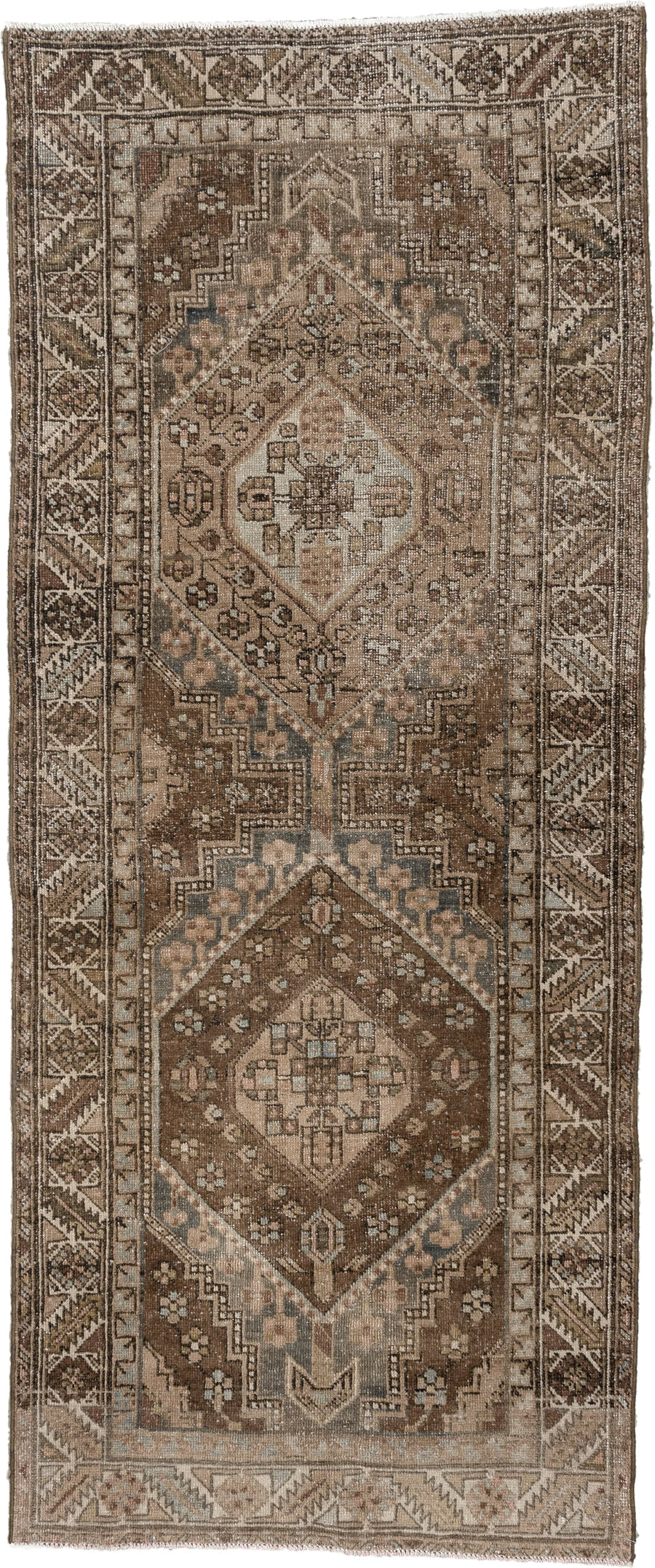 3' x 7' one-of-a-kind handmade antique Karaje runner rug. Color palette: brown, taupe, ivory, blue gray, dusty rose
