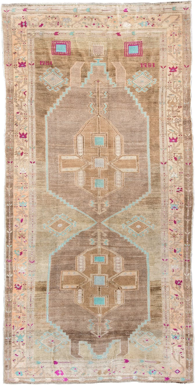 6' x 12' one-of-a-kind handmade antique Kars large size rug. Color palette: taupe, ivory, camel, turquoise, fuchsia, peach