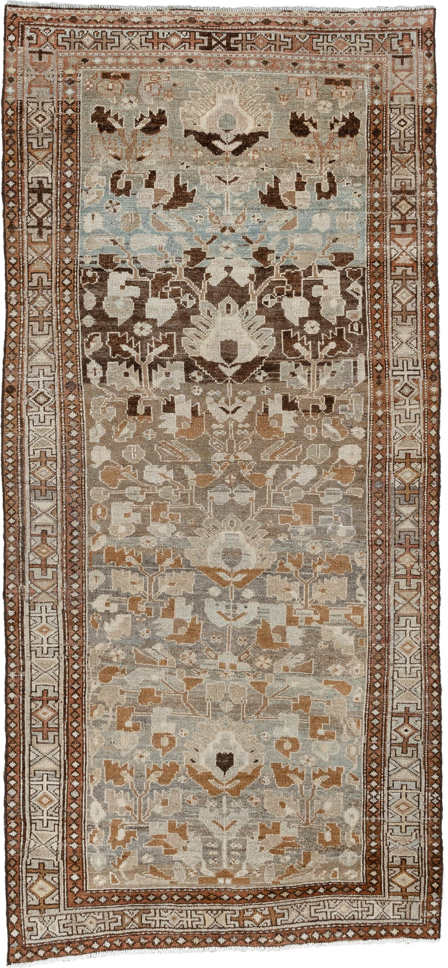 3' x 7' one-of-a-kind handmade antique Hamadan runner rug. Color palette: taupe, ivory, camel, pale blue, dark brown, rust