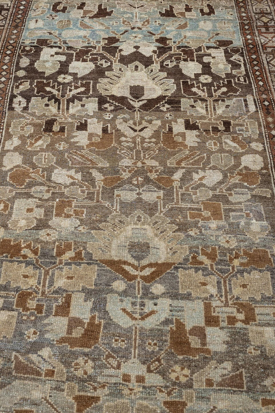 3' x 7' one-of-a-kind handmade antique Hamadan runner rug. Color palette: taupe, ivory, camel, pale blue, dark brown, rust