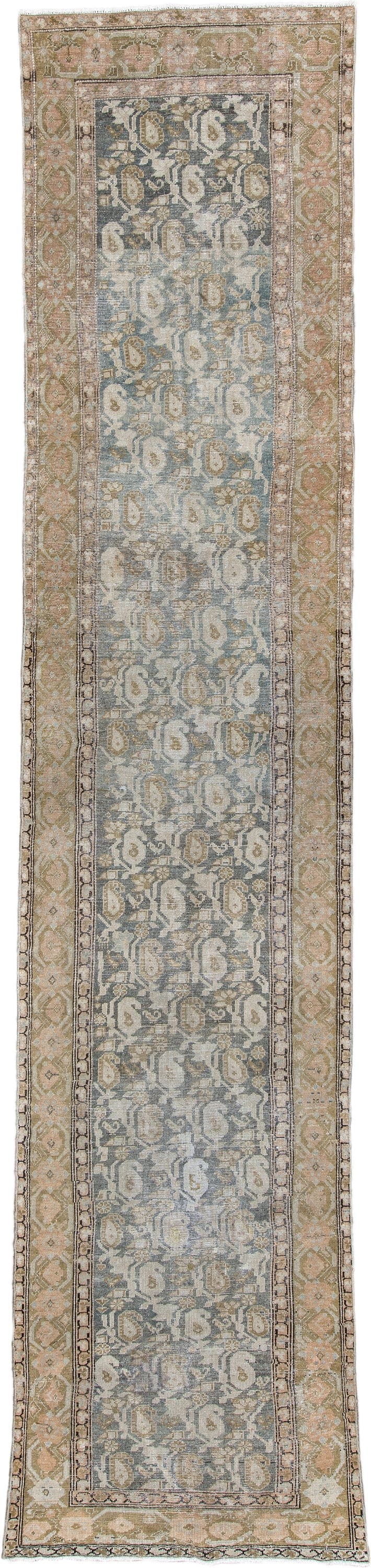 2' x 12' one-of-a-kind handmade antique Malayer runner rug. Color palette: blue gray, ivory, muted rose, taupe, charcoal