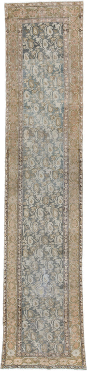 2' x 12' one-of-a-kind handmade antique Malayer runner rug. Color palette: blue gray, ivory, muted rose, taupe, charcoal