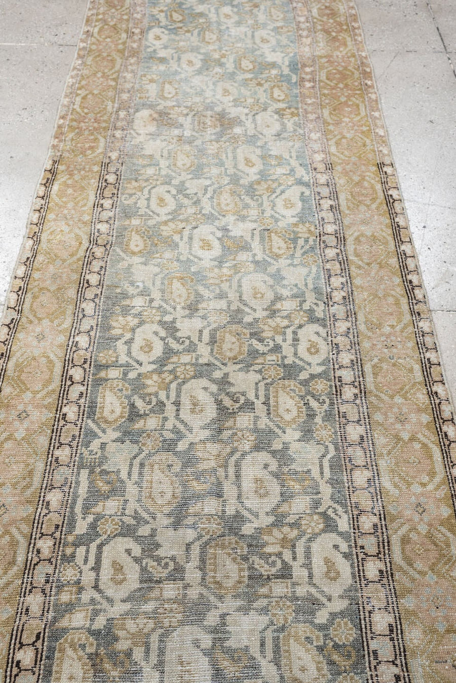 2' x 12' one-of-a-kind handmade antique Malayer runner rug. Color palette: blue gray, ivory, muted rose, taupe, charcoal