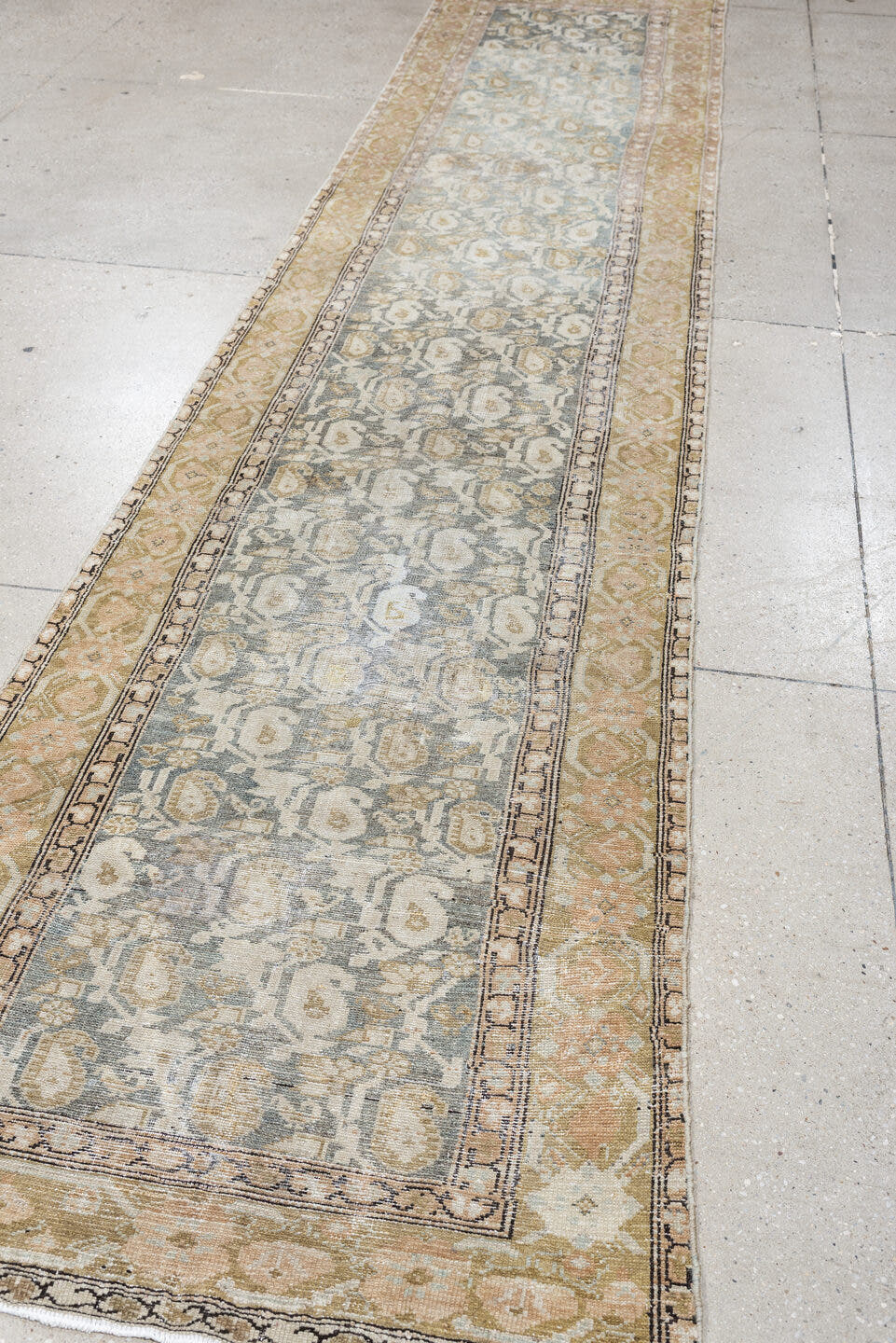 2' x 12' one-of-a-kind handmade antique Malayer runner rug. Color palette: blue gray, ivory, muted rose, taupe, charcoal