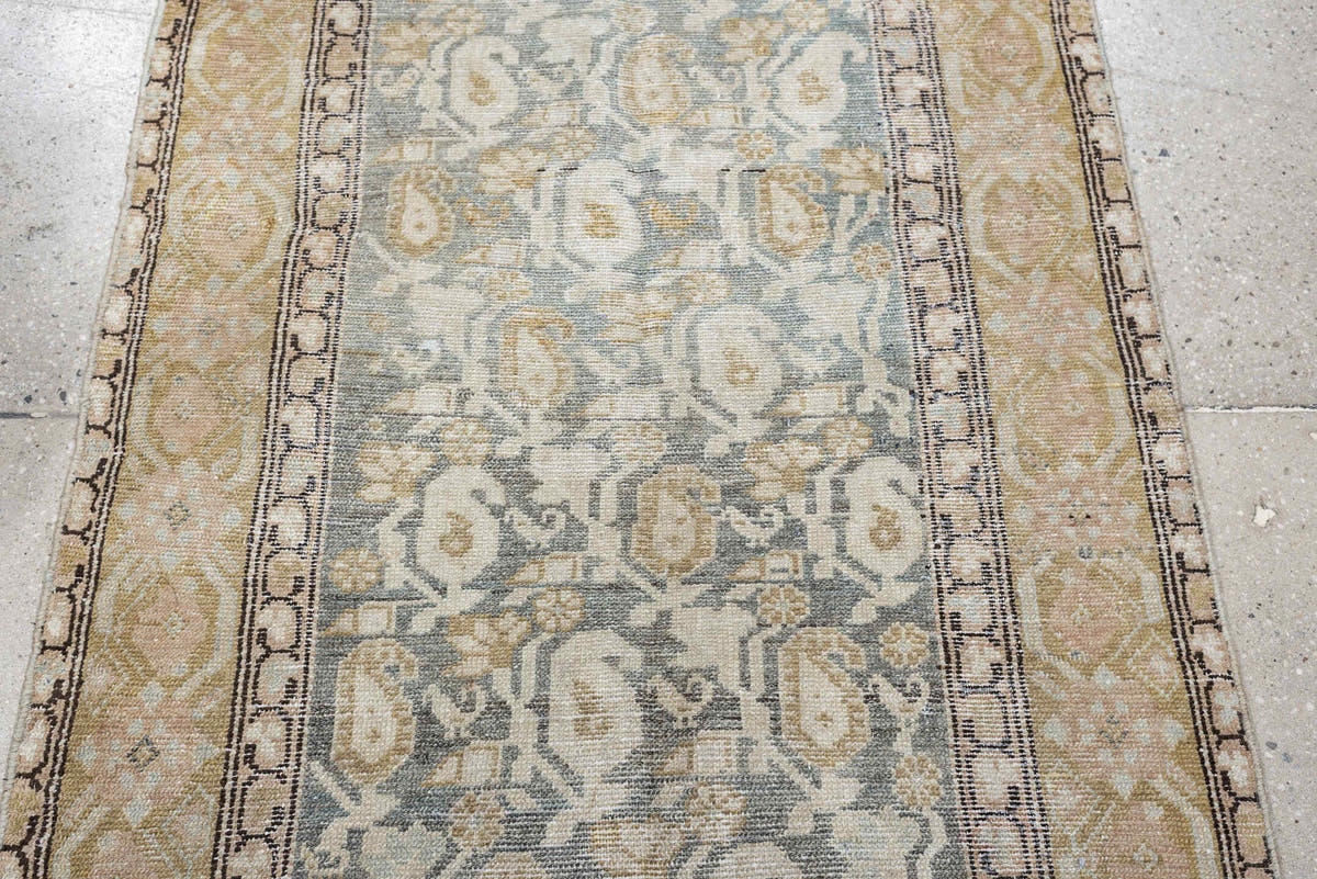 2' x 12' one-of-a-kind handmade antique Malayer runner rug. Color palette: blue gray, ivory, muted rose, taupe, charcoal