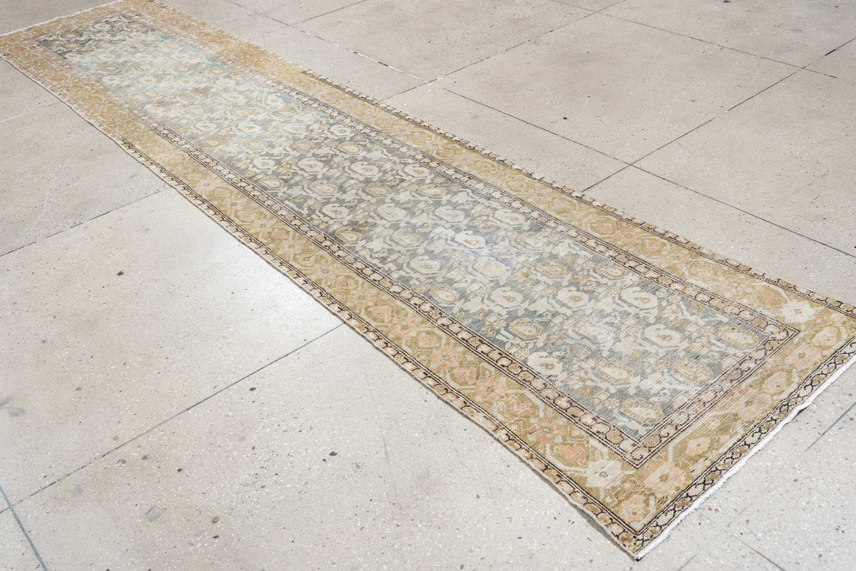 2' x 12' one-of-a-kind handmade antique Malayer runner rug. Color palette: blue gray, ivory, muted rose, taupe, charcoal