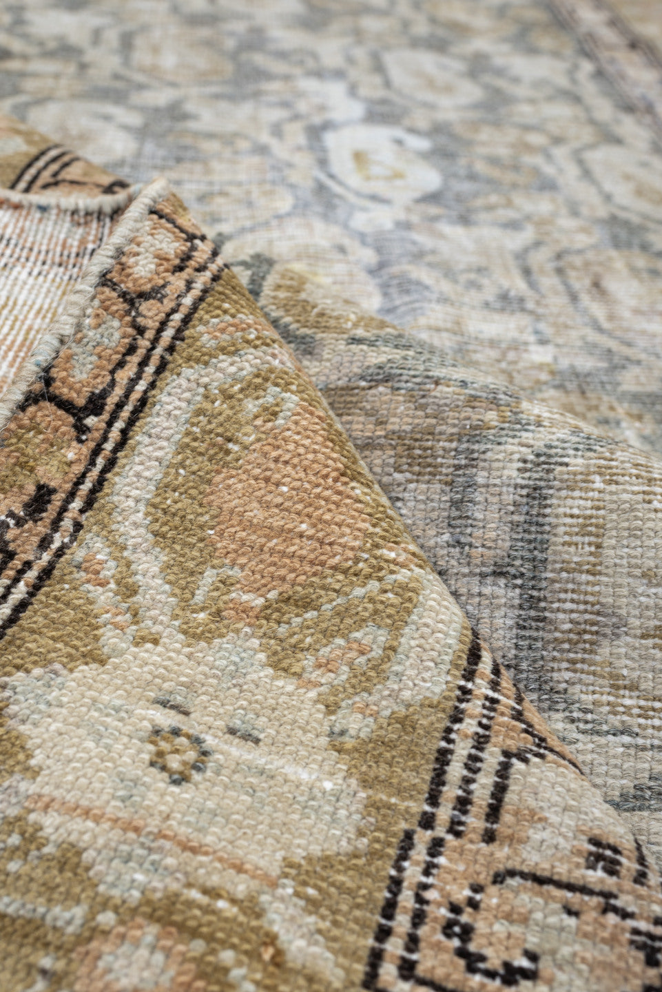2' x 12' one-of-a-kind handmade antique Malayer runner rug. Color palette: blue gray, ivory, muted rose, taupe, charcoal