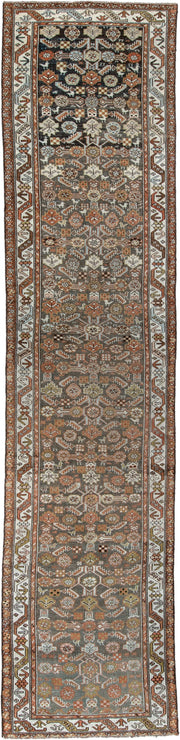 3' x 13' one-of-a-kind handmade antique Malayer runner rug. Color palette: charcoal, rust, ivory, sage, ochre, taupe