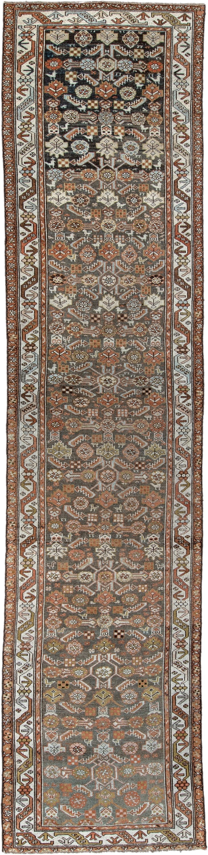 3' x 13' one-of-a-kind handmade antique Malayer runner rug. Color palette: charcoal, rust, ivory, sage, ochre, taupe