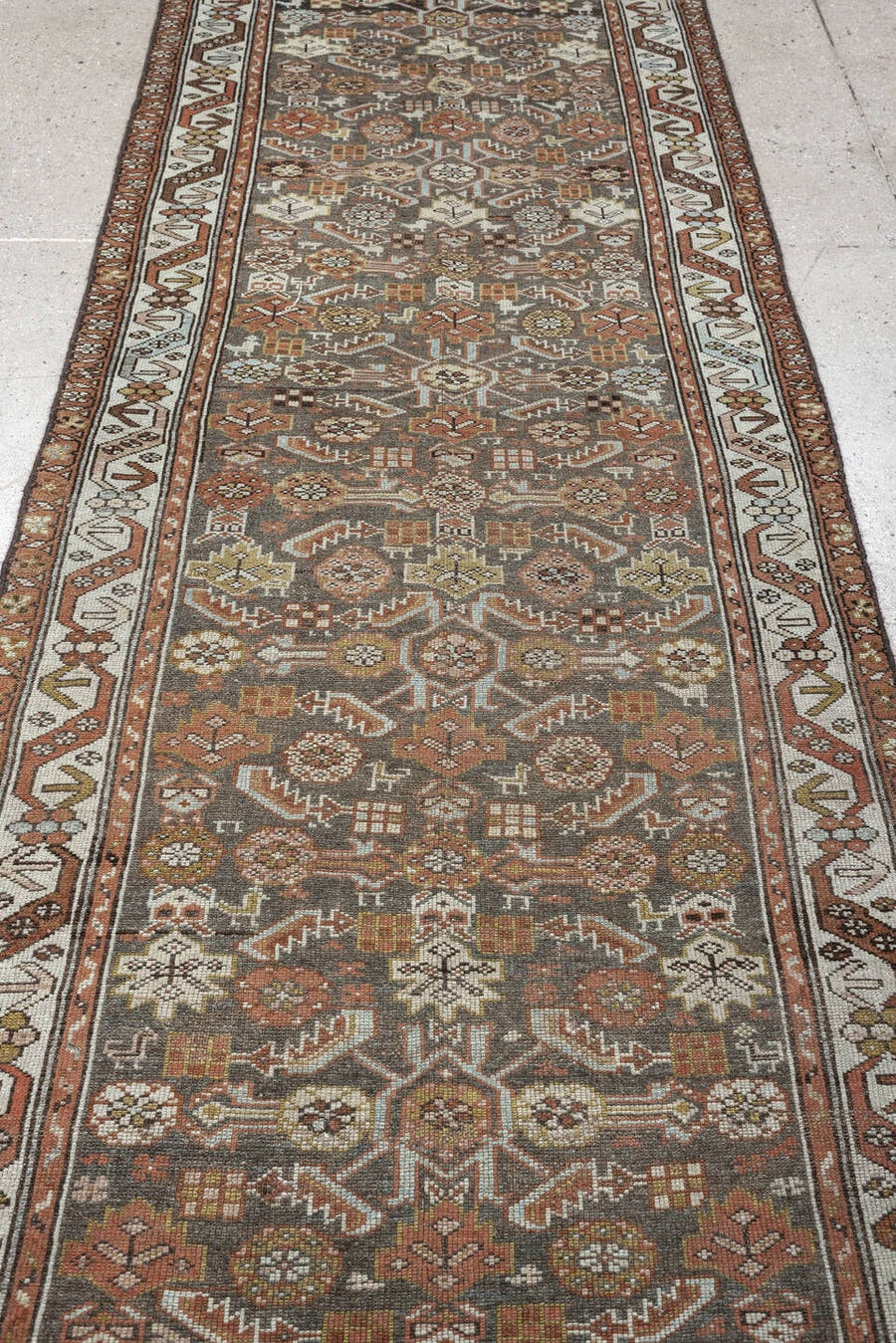 3' x 13' one-of-a-kind handmade antique Malayer runner rug. Color palette: charcoal, rust, ivory, sage, ochre, taupe