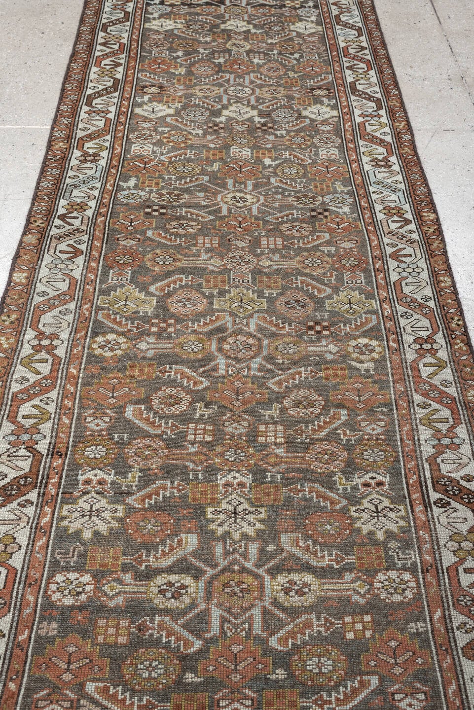 3' x 13' one-of-a-kind handmade antique Malayer runner rug. Color palette: charcoal, rust, ivory, sage, ochre, taupe