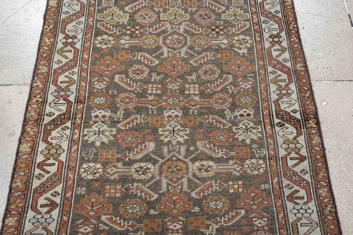 3' x 13' one-of-a-kind handmade antique Malayer runner rug. Color palette: charcoal, rust, ivory, sage, ochre, taupe