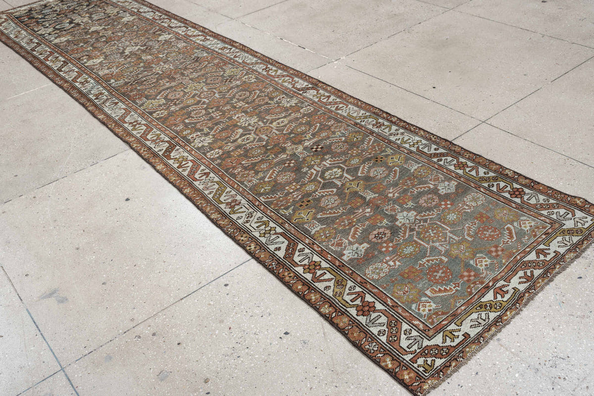 3' x 13' one-of-a-kind handmade antique Malayer runner rug. Color palette: charcoal, rust, ivory, sage, ochre, taupe