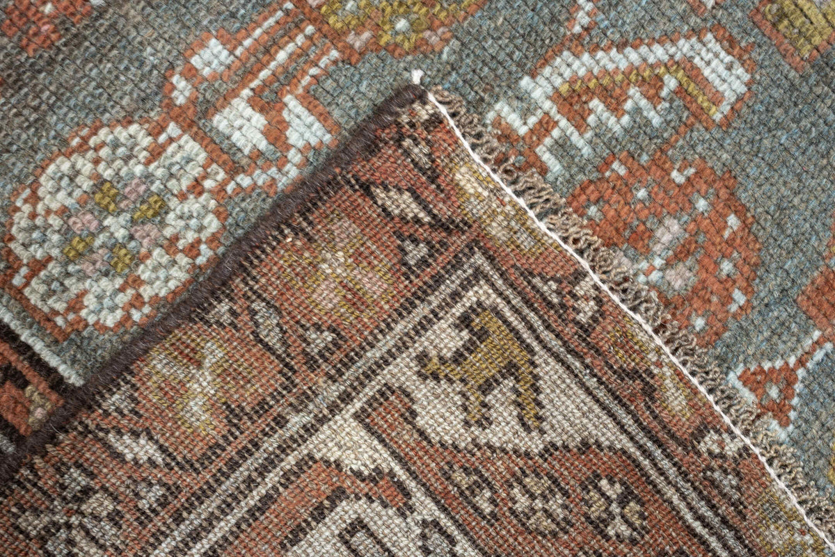 3' x 13' one-of-a-kind handmade antique Malayer runner rug. Color palette: charcoal, rust, ivory, sage, ochre, taupe