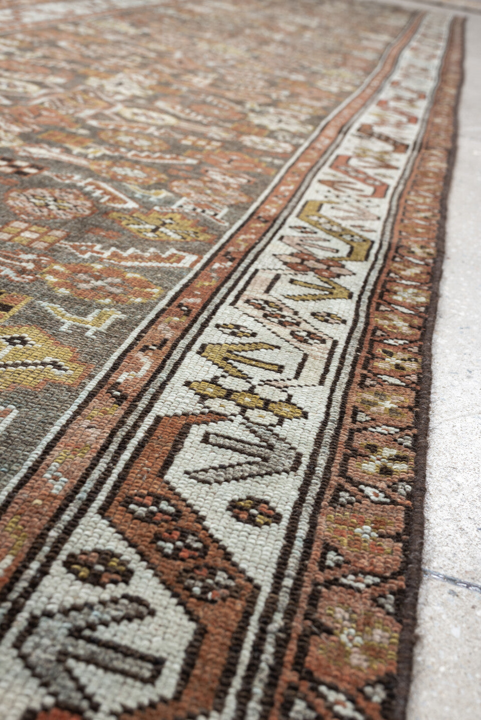 3' x 13' one-of-a-kind handmade antique Malayer runner rug. Color palette: charcoal, rust, ivory, sage, ochre, taupe