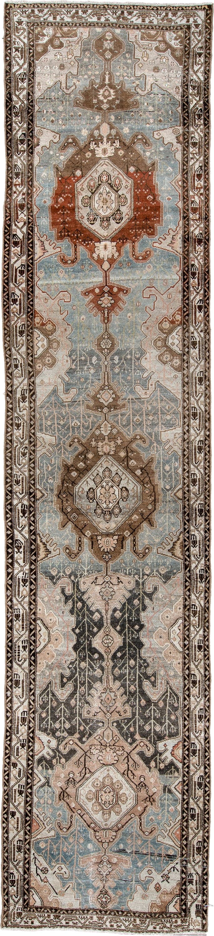 3' x 16' one-of-a-kind handmade antique Malayer runner rug. Color palette: powder blue, ivory, taupe, rust, charcoal, brown