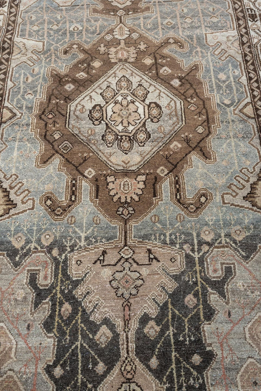 3' x 16' one-of-a-kind handmade antique Malayer runner rug. Color palette: powder blue, ivory, taupe, rust, charcoal, brown
