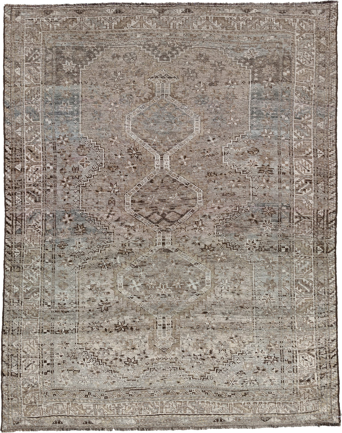5' x 6' one-of-a-kind handmade antique Shiraz rug. Color palette: taupe, ivory, charcoal, blue gray, brown, slate, beige