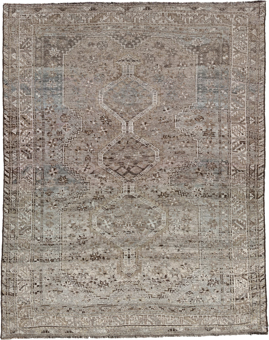 5' x 6' one-of-a-kind handmade antique Shiraz rug. Color palette: taupe, ivory, charcoal, blue gray, brown, slate, beige