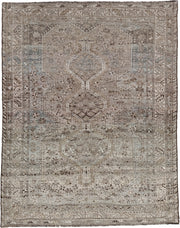 5' x 6' one-of-a-kind handmade antique Shiraz rug. Color palette: taupe, ivory, charcoal, blue gray, brown, slate, beige