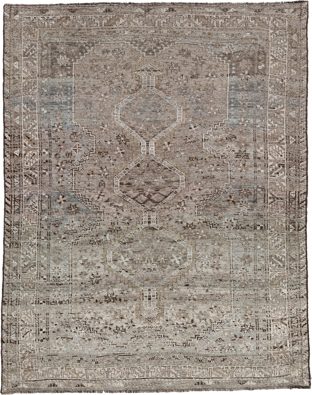5' x 6' one-of-a-kind handmade antique Shiraz rug. Color palette: taupe, ivory, charcoal, blue gray, brown, slate, beige