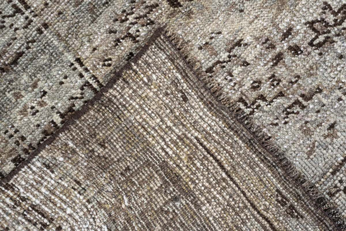 5' x 6' one-of-a-kind handmade antique Shiraz rug. Color palette: taupe, ivory, charcoal, blue gray, brown, slate, beige