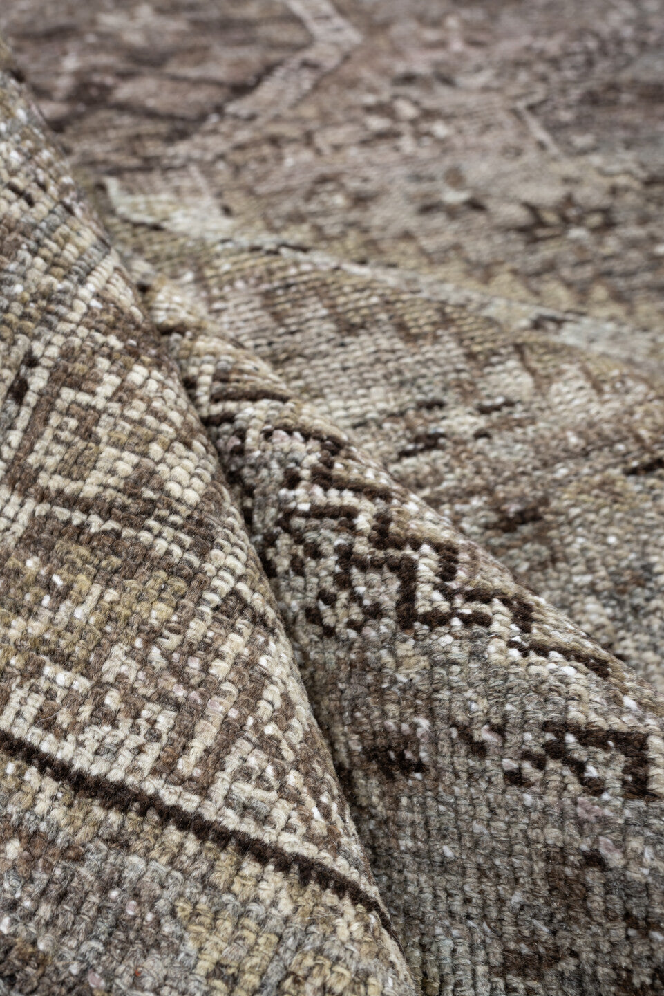 5' x 6' one-of-a-kind handmade antique Shiraz rug. Color palette: taupe, ivory, charcoal, blue gray, brown, slate, beige