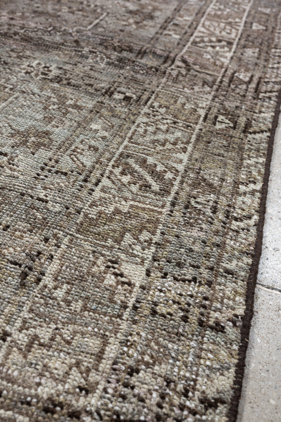5' x 6' one-of-a-kind handmade antique Shiraz rug. Color palette: taupe, ivory, charcoal, blue gray, brown, slate, beige