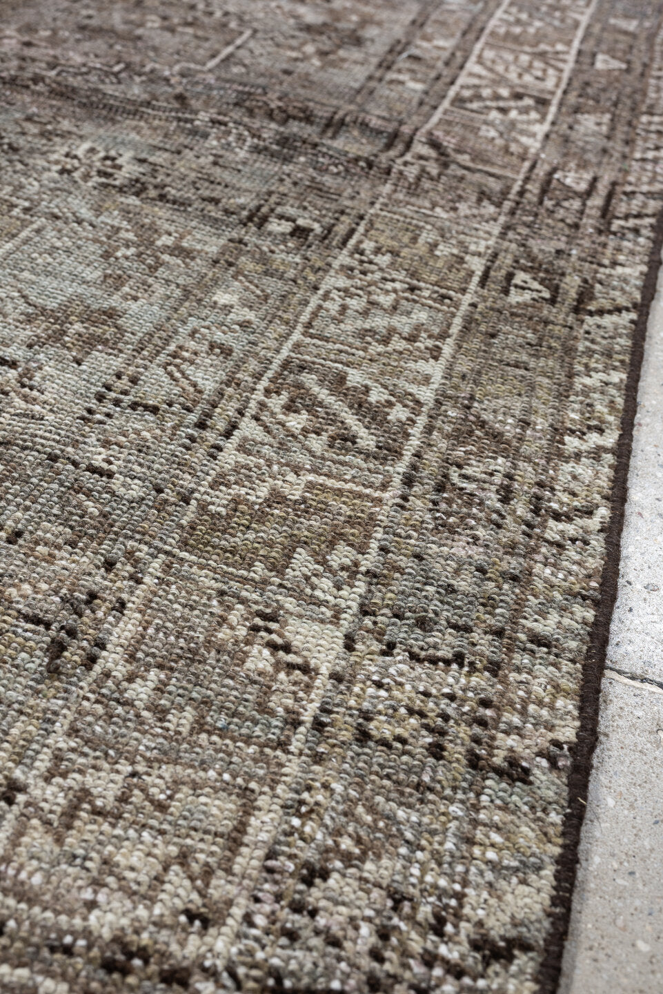 5' x 6' one-of-a-kind handmade antique Shiraz rug. Color palette: taupe, ivory, charcoal, blue gray, brown, slate, beige