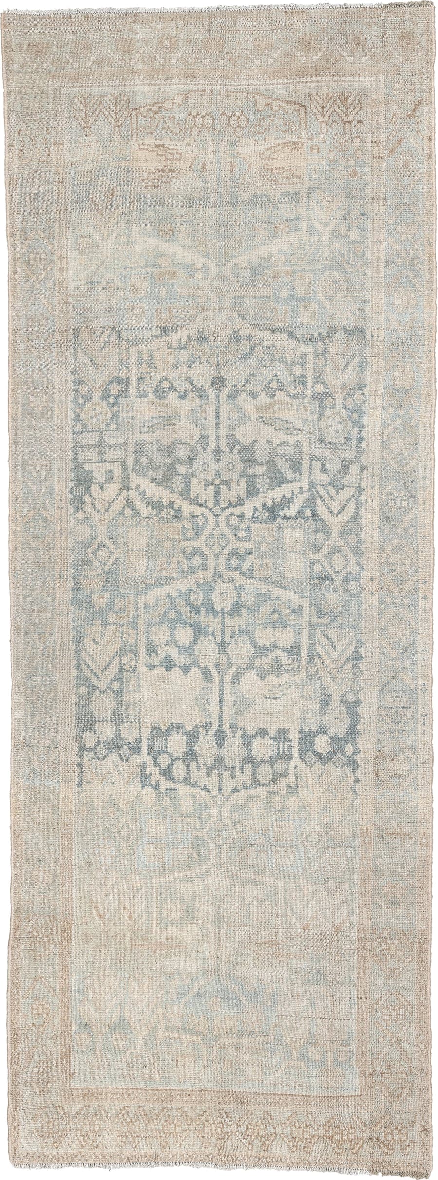 3' x 8' one-of-a-kind handmade antique Bidjar runner rug. Color palette: ivory, pale blue, taupe, blue gray, beige, sand
