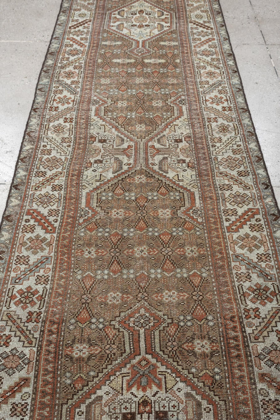 3' x 13' one-of-a-kind handmade antique Malayer runner rug. Color palette: camel, ivory, rust, sage, slate blue, charcoal