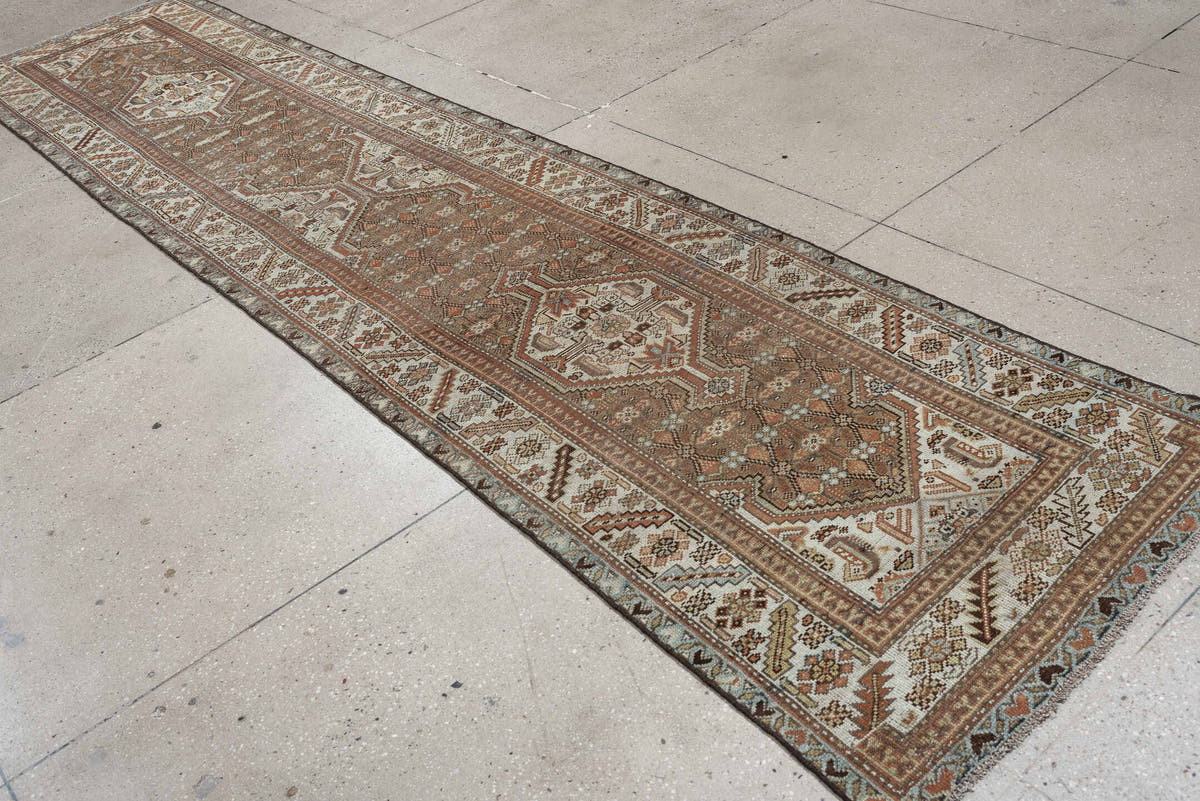 3' x 13' one-of-a-kind handmade antique Malayer runner rug. Color palette: camel, ivory, rust, sage, slate blue, charcoal