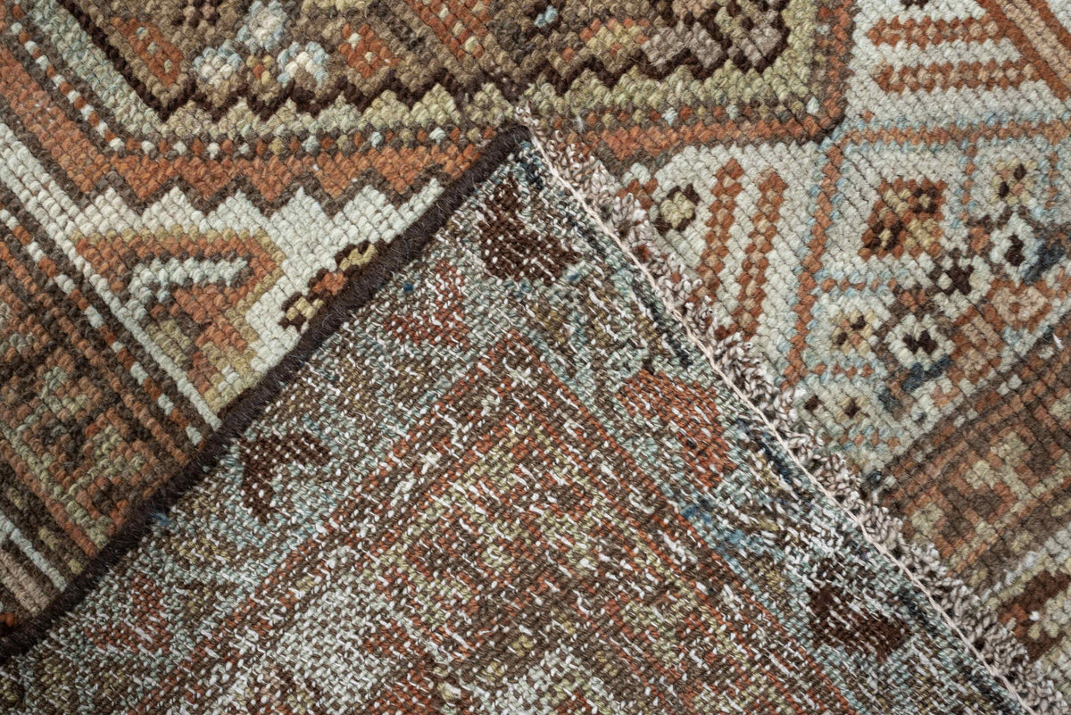 3' x 13' one-of-a-kind handmade antique Malayer runner rug. Color palette: camel, ivory, rust, sage, slate blue, charcoal